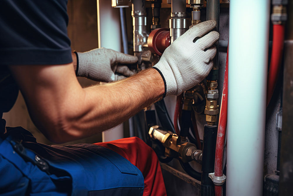 Plumber working with pipes and valves, wearing gloves, for maintenance or repair services in industrial setting.