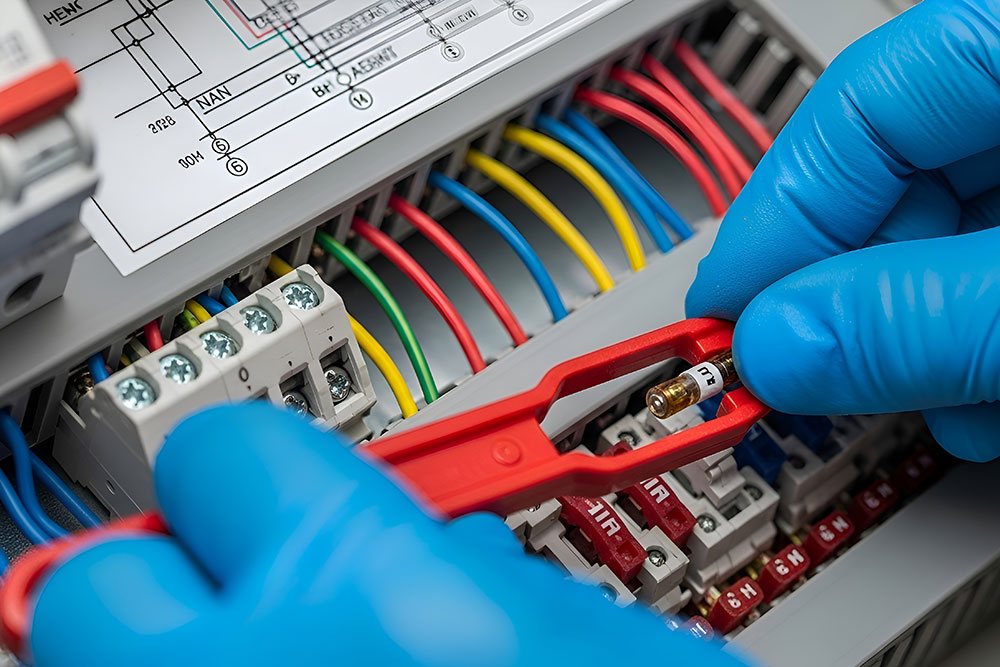 Technician in blue gloves using a tool to adjust a fuse in an electrical panel with colorful wires.