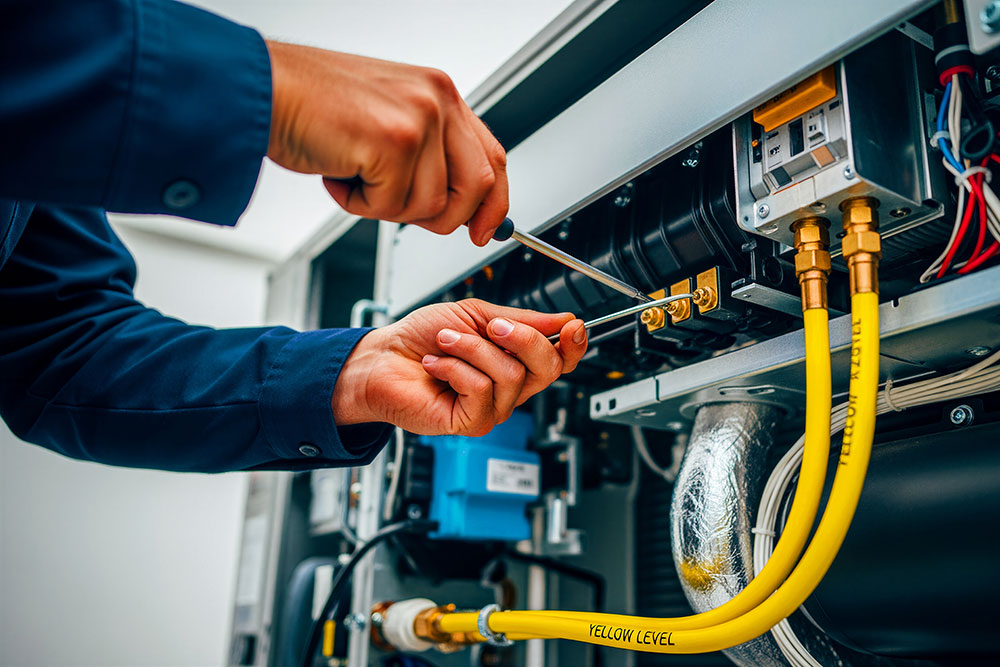 Technician repairing HVAC system with tools, adjusting components for optimal performance.