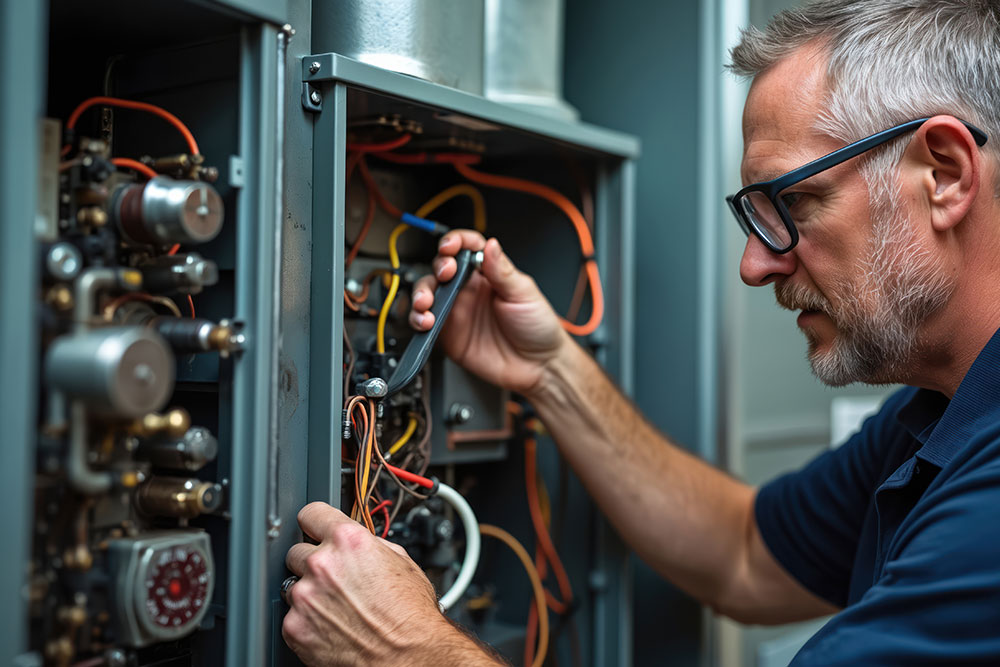 Technician repairing HVAC system components with tools, focused on electrical wiring inside a control panel.