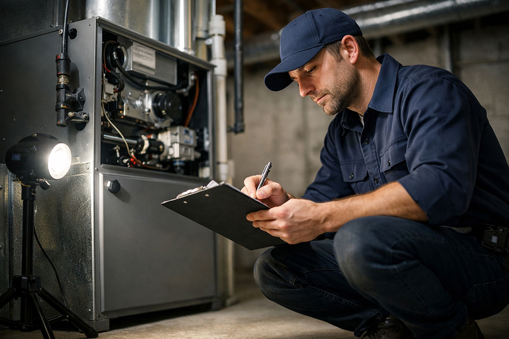 HVAC technician inspecting furnace in basement with clipboard, ensuring optimal performance and safety compliance.