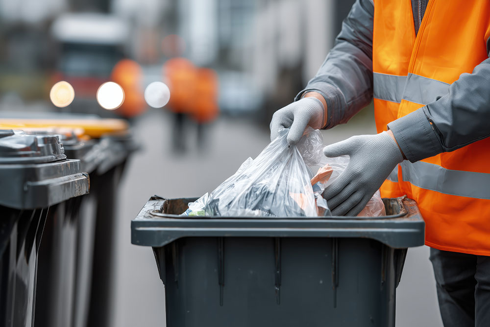 Sanitation worker in an orange vest places a garbage bag into a trash bin on the street, highlighting waste management.