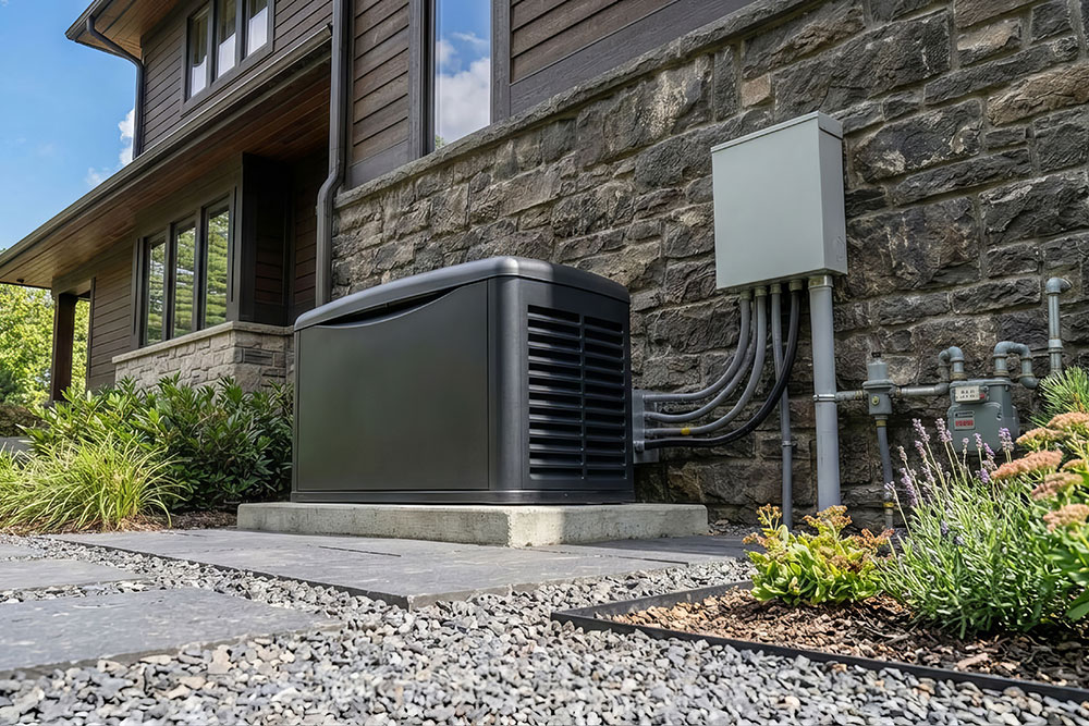 Home backup generator installed outside, connected to electrical panel, enhancing power reliability and efficiency.