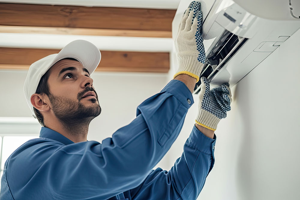 Technician in blue uniform and gloves repairing an air conditioning unit indoors.
