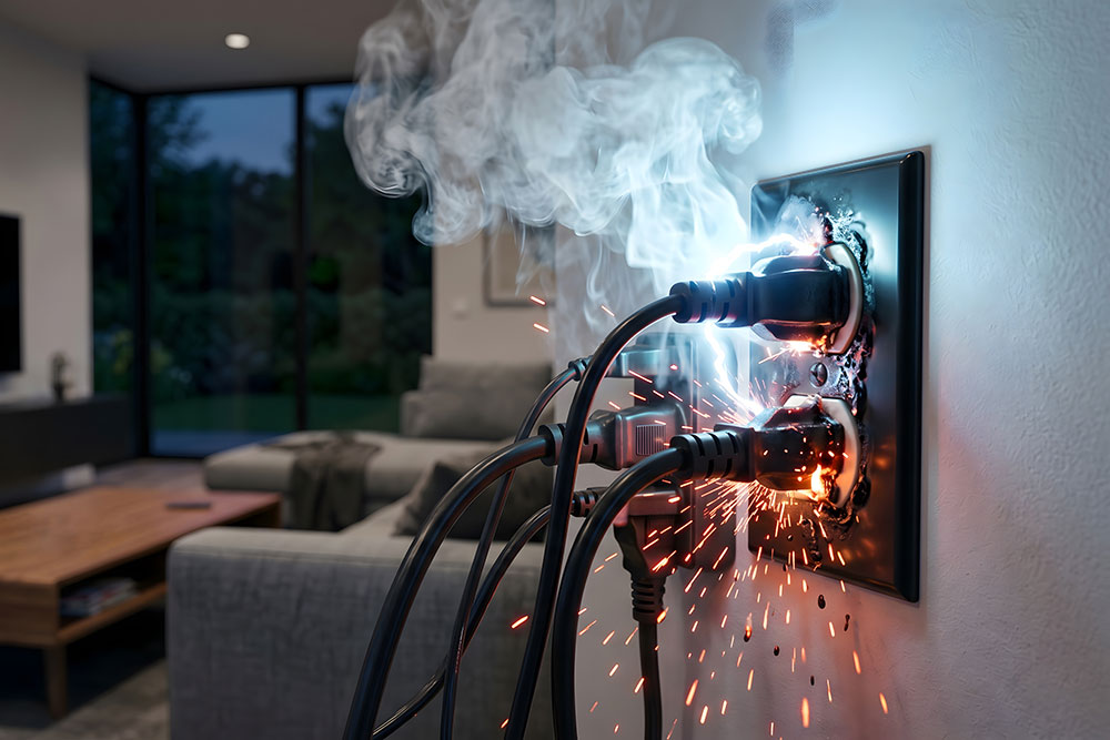 Electrical outlet overload causing sparks and smoke in a living room, highlighting a safety hazard.