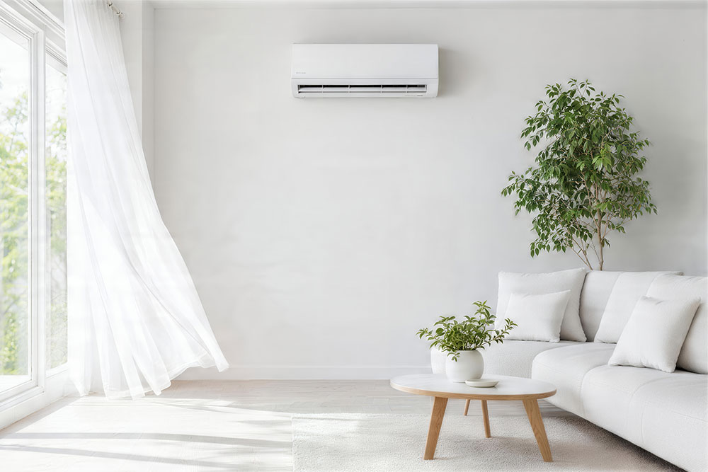 Modern living room with air conditioner, white sofa, plants, and sunlight through window; minimalistic design.