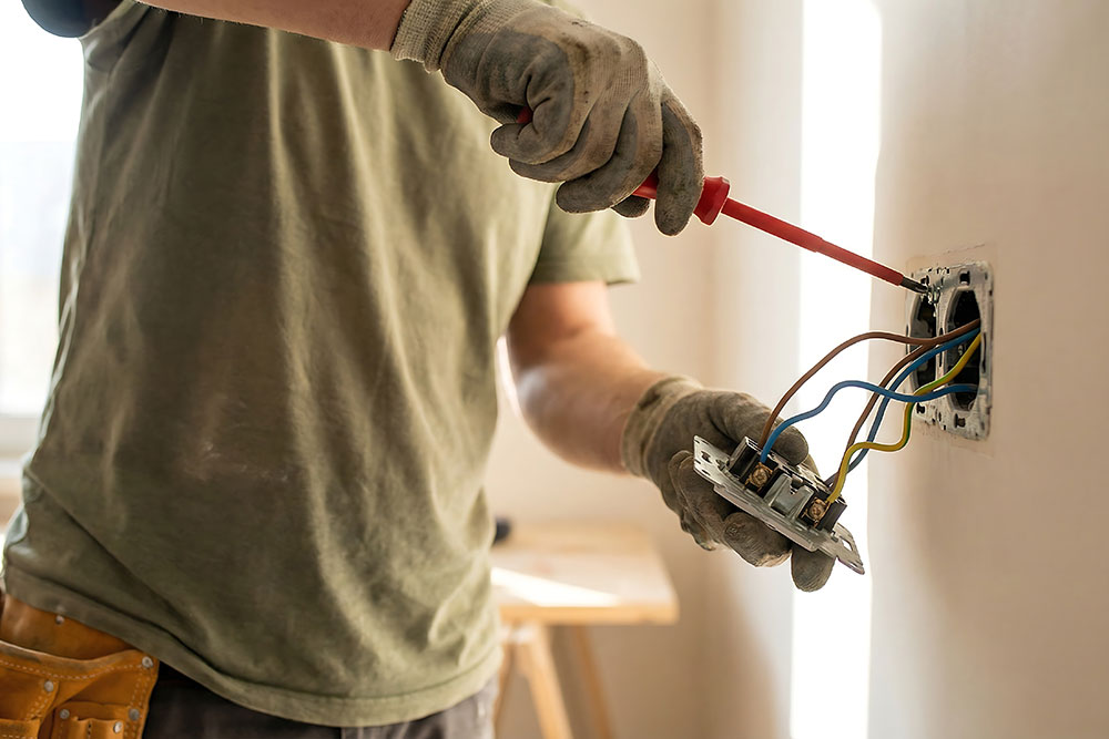Electrician installing a wall outlet, using a screwdriver for wiring. Hands with gloves working safely.