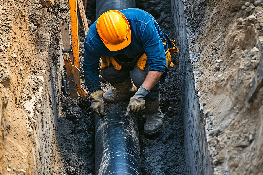 Worker inspecting underground pipeline installation in a trench.