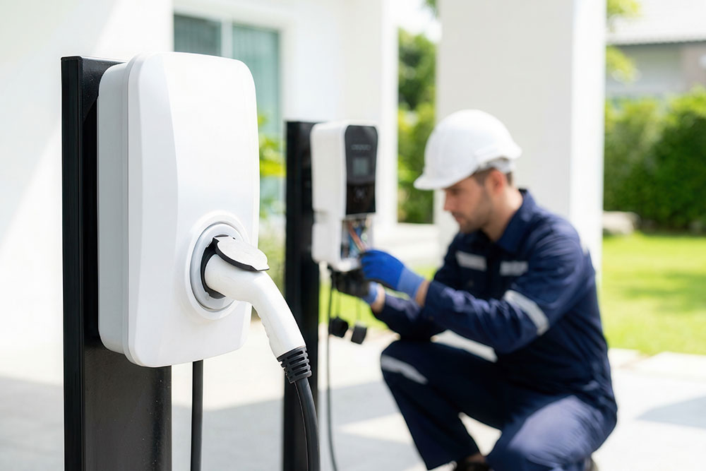 Electric vehicle charger installation with technician in safety gear outdoors.