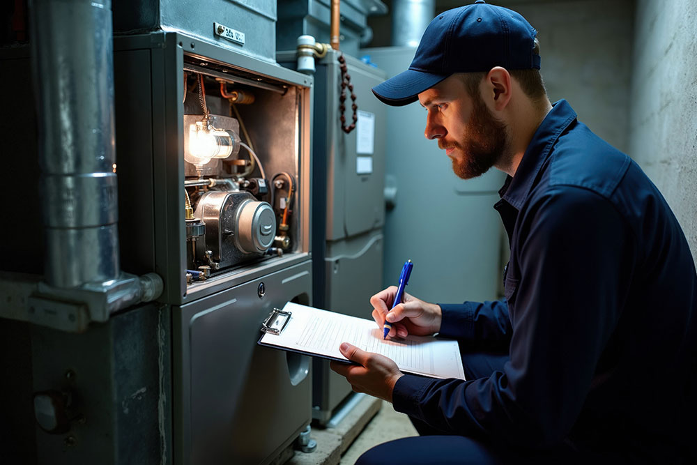 Technician inspecting and documenting furnace maintenance in a basement setting.