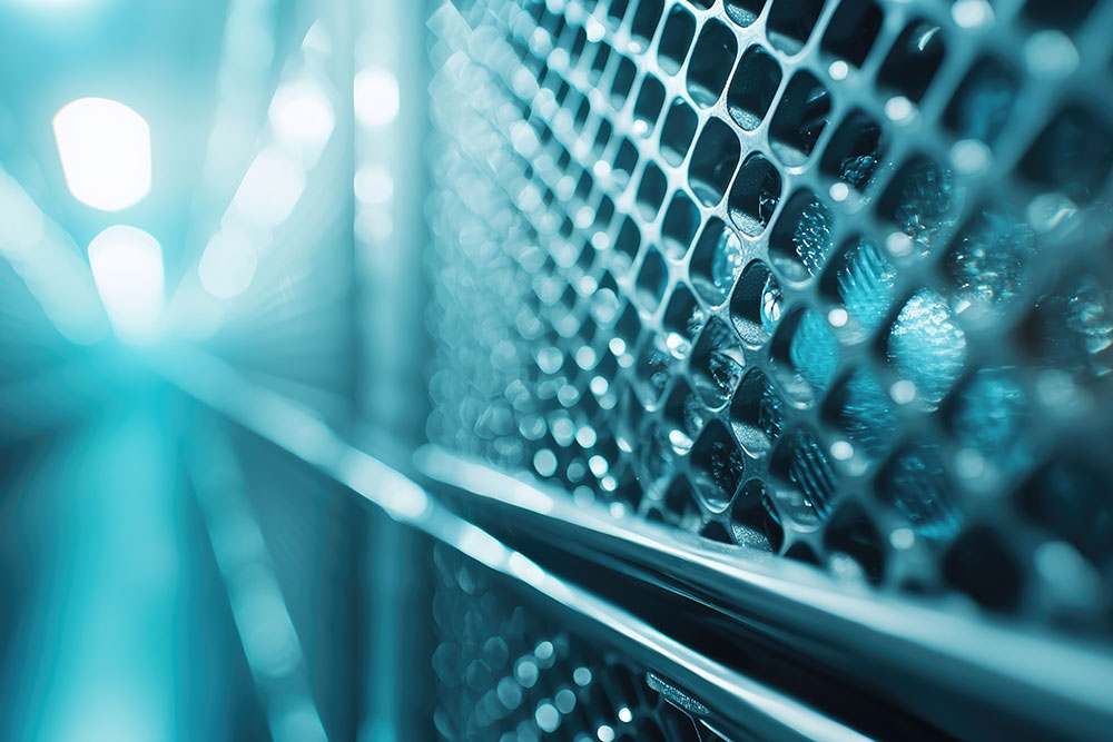 Close-up of blue abstract defocused lights through a geometric metal grid, creating a futuristic, tech-inspired look.