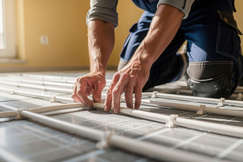 Worker installing underfloor heating system in a room, ensuring efficient heat distribution and comfort.