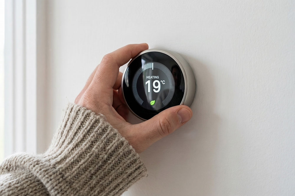 Person adjusting smart thermostat to 19°C for efficient home heating.