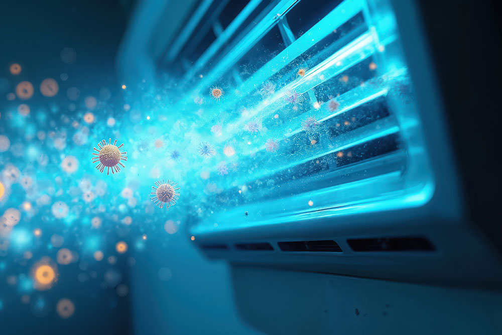 Air purifier releasing clean air, eliminating viruses and bacteria with advanced filtration technology.