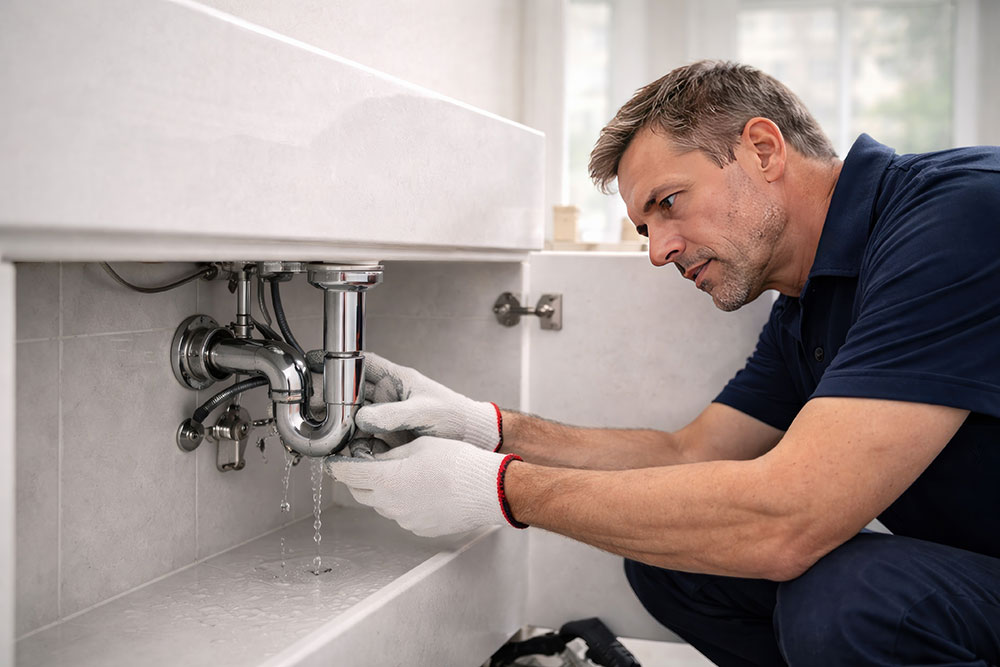 Plumber fixing a leaking sink with tools and gloves, demonstrating professional plumbing services for home repairs.