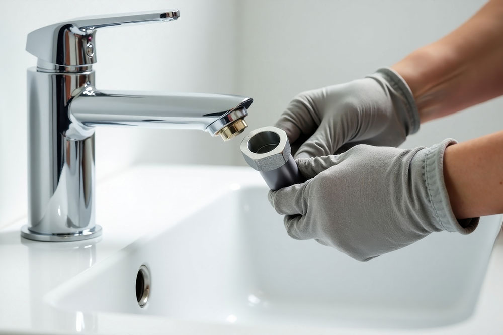 Person fixing bathroom sink faucet with gloves, plumbing maintenance.