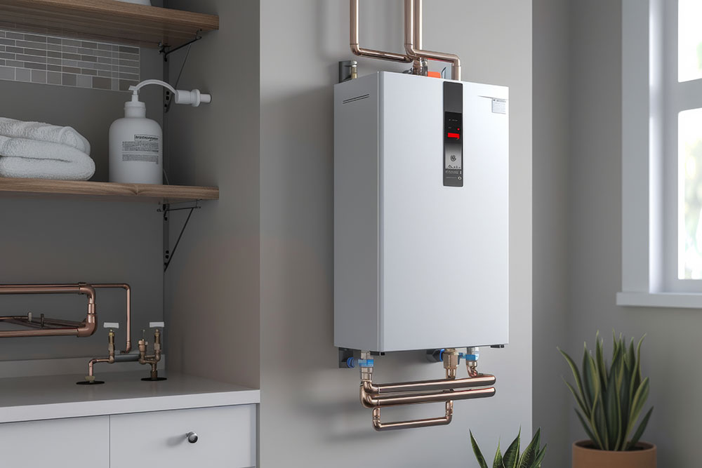 Modern tankless water heater with copper piping in a stylish utility room setting.