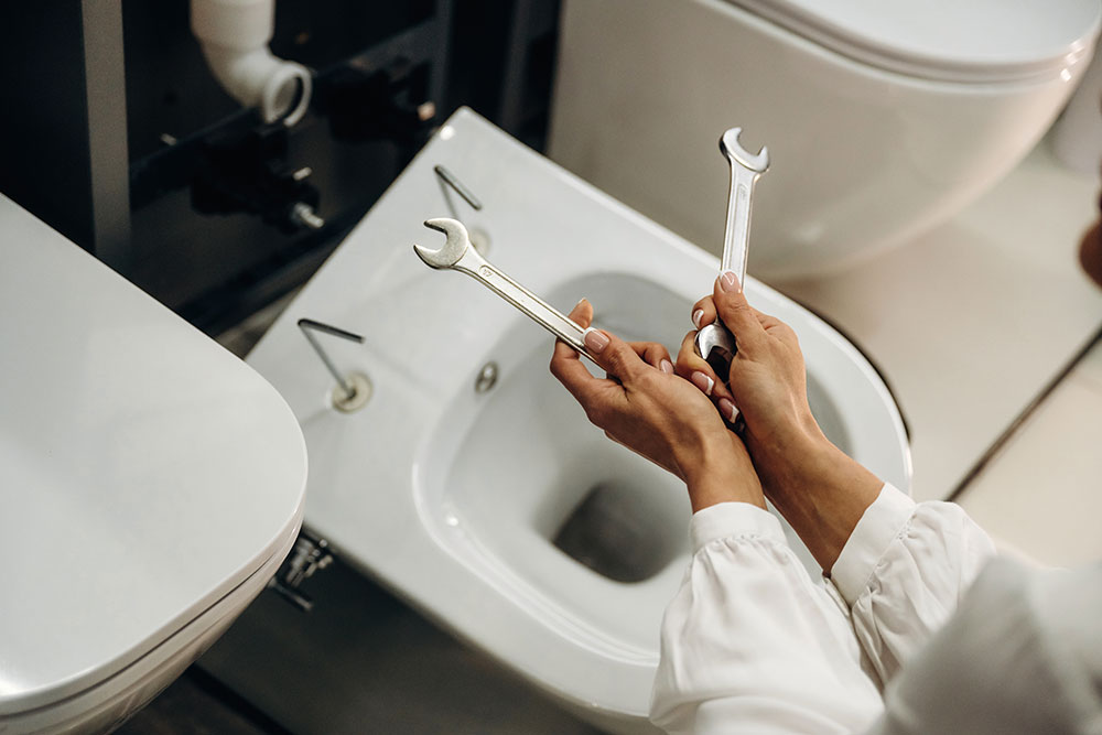 Person holding wrenches fixing a toilet; bathroom plumbing repair concept.