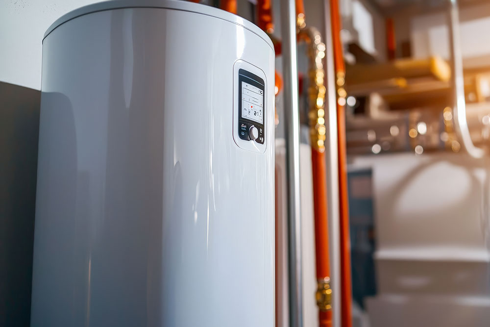 Modern white water heater with digital control panel in a utility room setting.