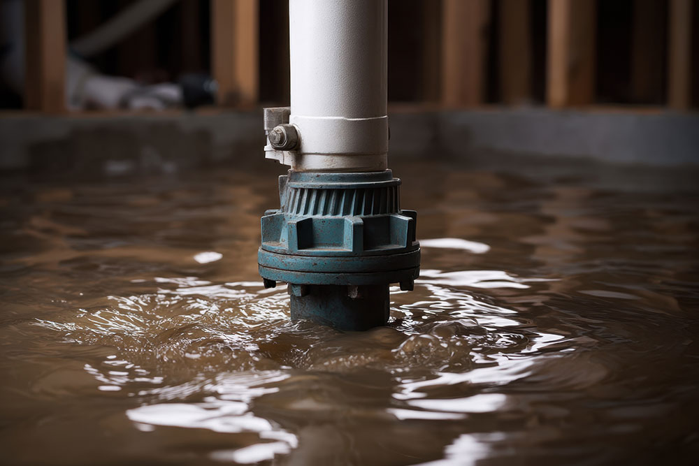 Submersible sump pump in action, efficiently removing basement water to prevent flooding and water damage.