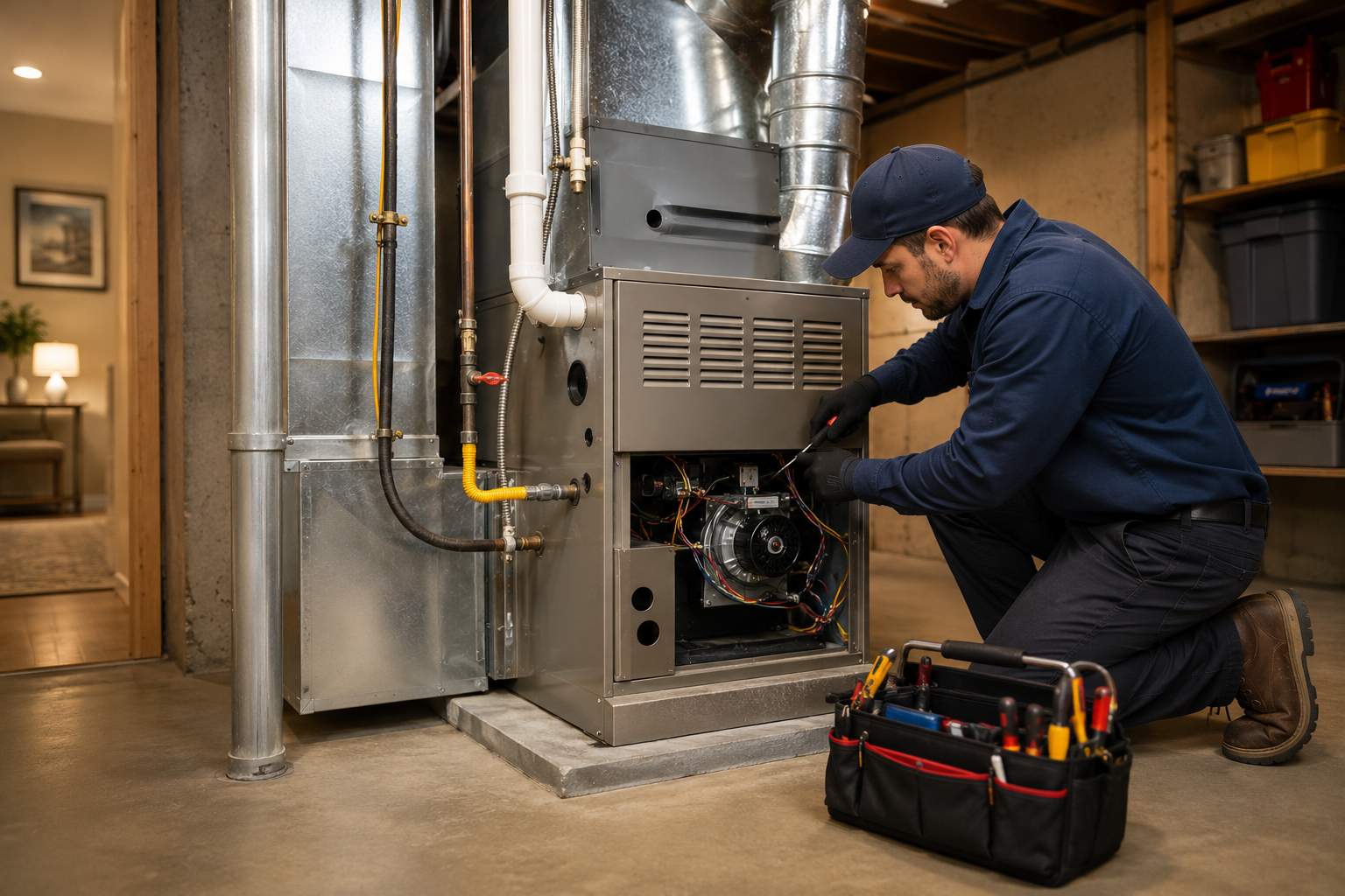 Technician repairing a residential furnace in a basement with a tool bag nearby.