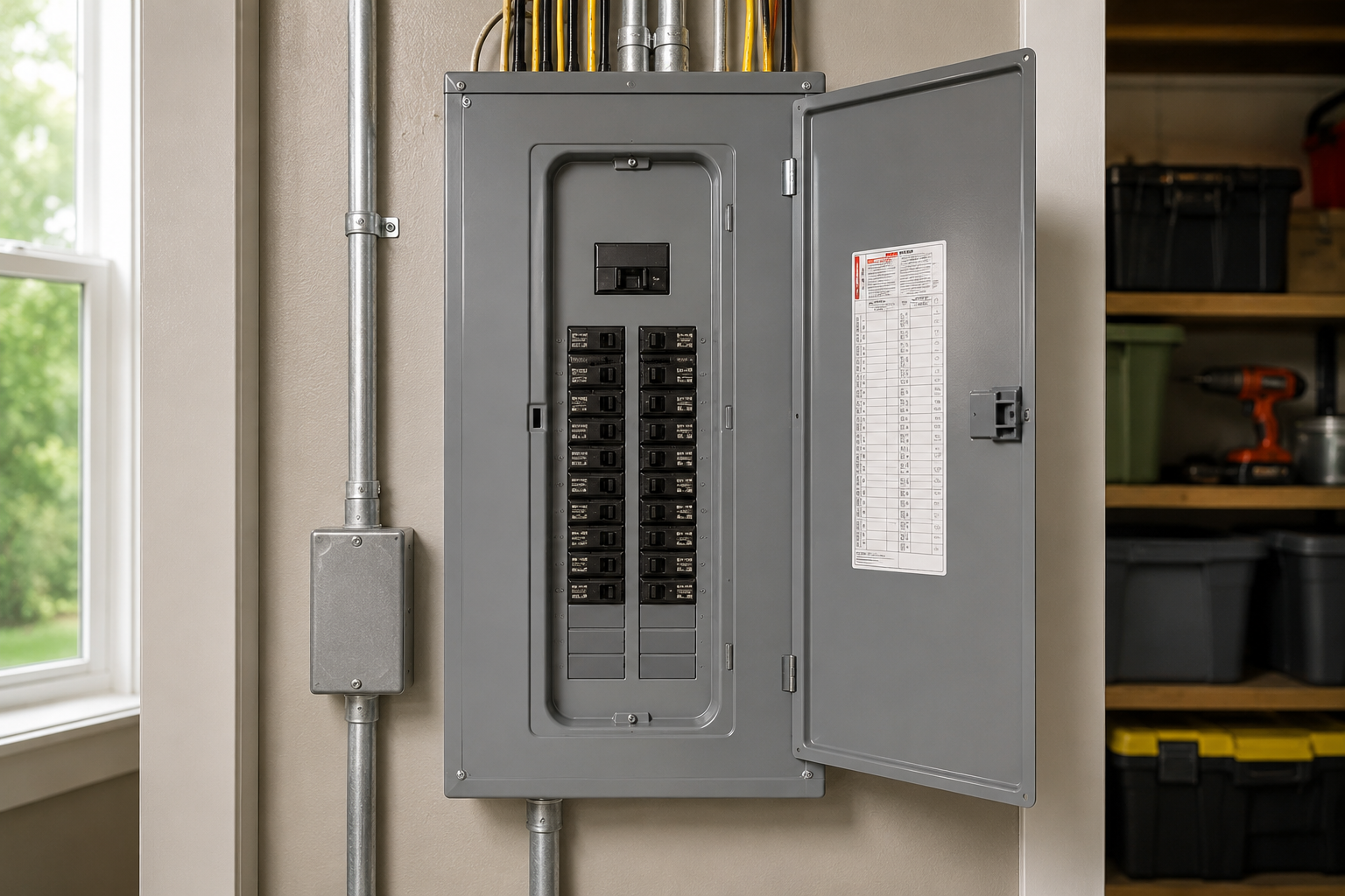 Electrical panel with open door showing circuit breakers in a home utility room.