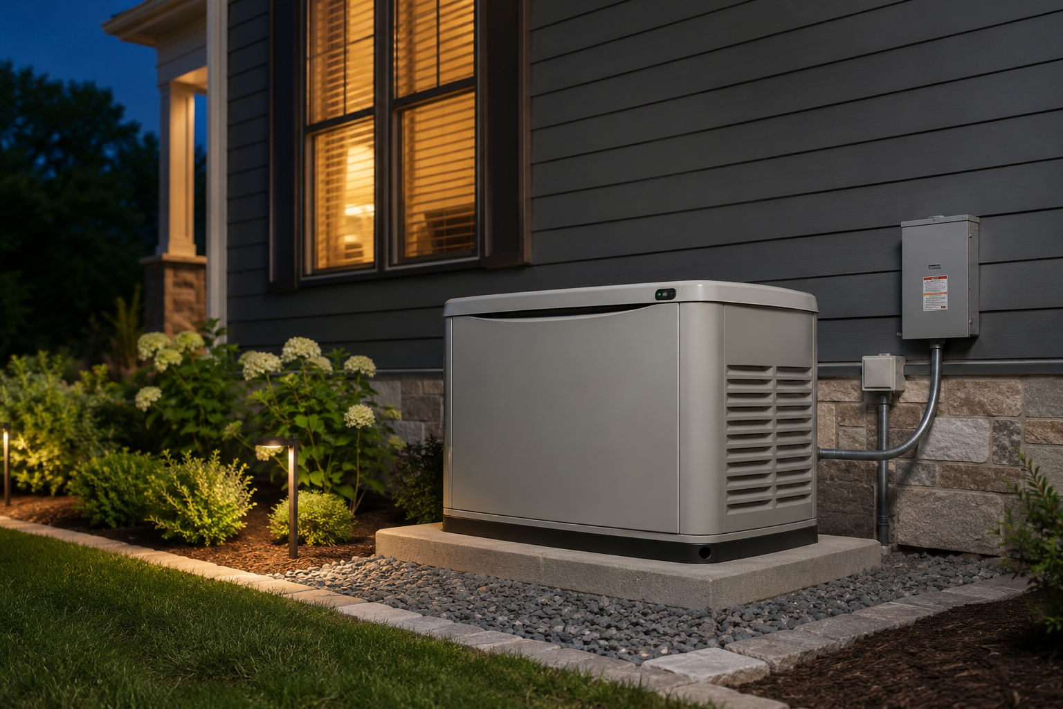 Home standby generator installed beside a house at dusk, surrounded by greenery and illuminated path lights.