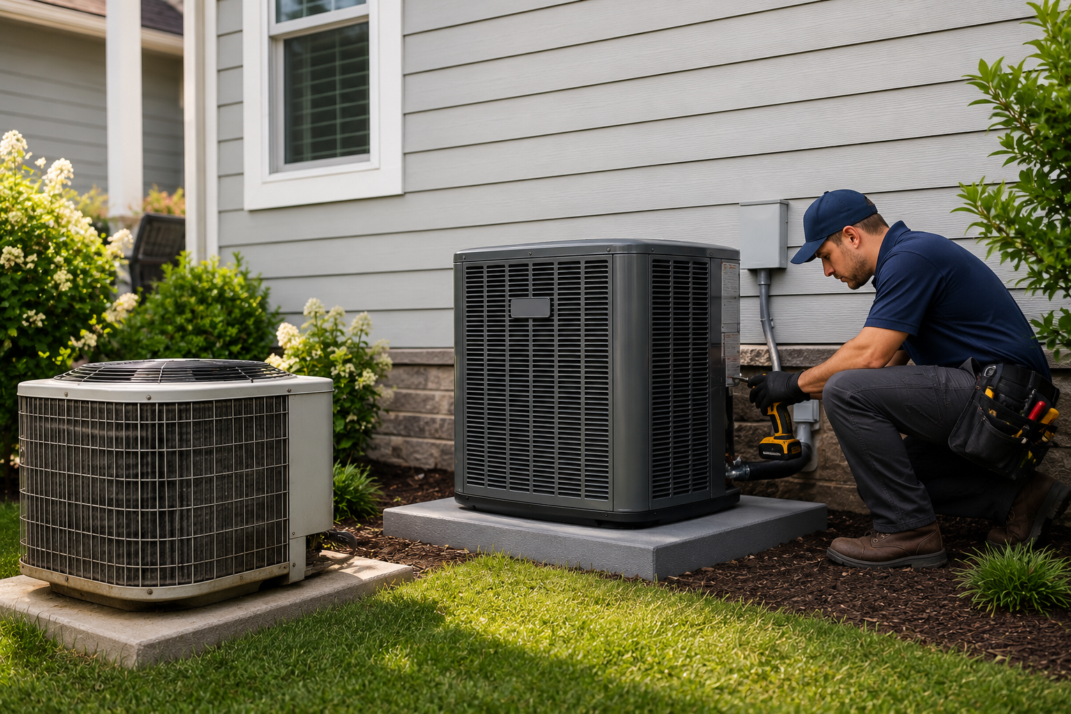 Technician installing a modern outdoor AC unit next to an older model, enhancing home cooling efficiency.