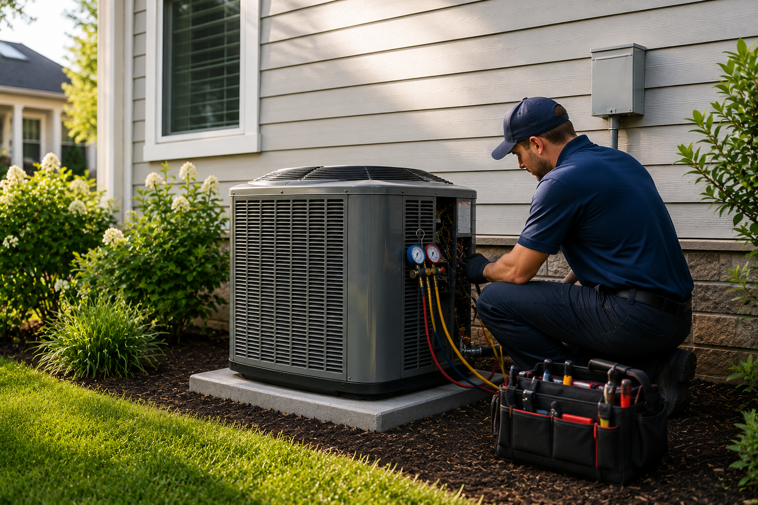Technician repairing outdoor HVAC unit at home with tools in garden setting.