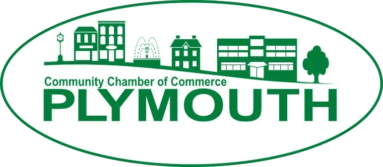 Plymouth Community Chamber of Commerce logo with buildings and trees in a green oval design.