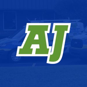 Bold green AJ logo overlaying a blue-tinted background with vehicles, suggesting a service brand.