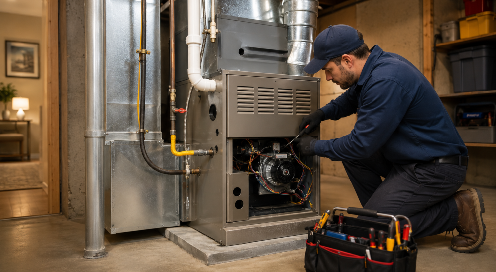 Technician repairing a residential furnace in a basement with a tool bag nearby.