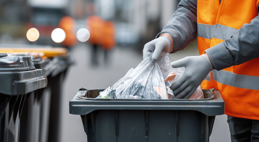 Sanitation worker in an orange vest places a garbage bag into a trash bin on the street, highlighting waste management.