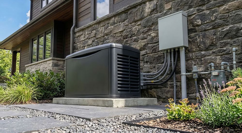 Home backup generator installed outside, connected to electrical panel, enhancing power reliability and efficiency.