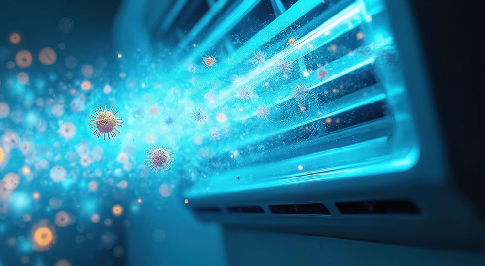 Air purifier releasing clean air, eliminating viruses and bacteria with advanced filtration technology.