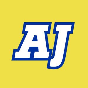 Bold AJ letters outlined in blue on a vibrant yellow background, representing initials or a logo design.