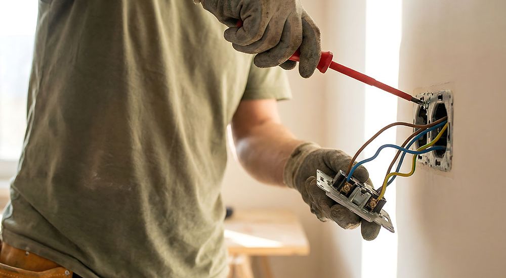 Electrician installing a wall outlet, using a screwdriver for wiring. Hands with gloves working safely.