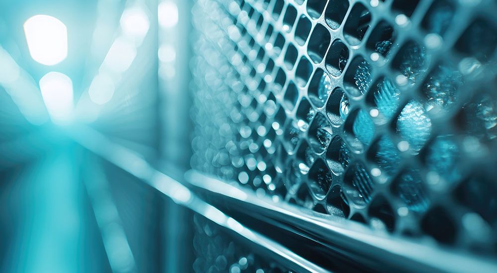 Close-up of blue abstract defocused lights through a geometric metal grid, creating a futuristic, tech-inspired look.