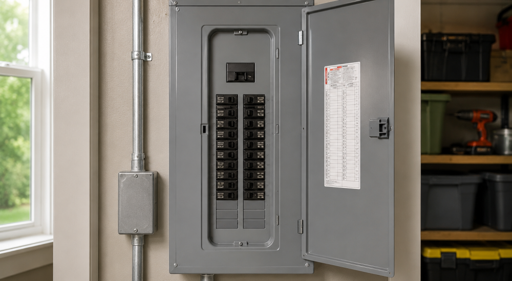 Electrical panel with open door showing circuit breakers in a home utility room.