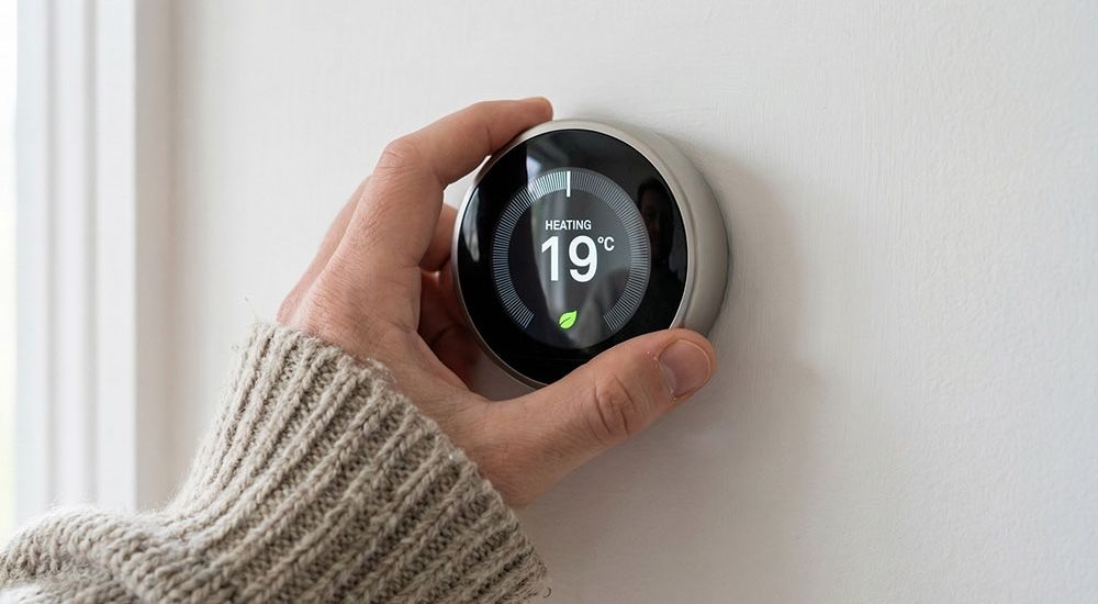 Person adjusting smart thermostat to 19°C for efficient home heating.
