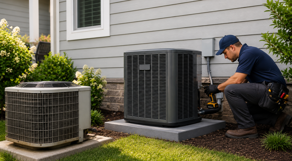 Technician installing a modern outdoor AC unit next to an older model, enhancing home cooling efficiency.