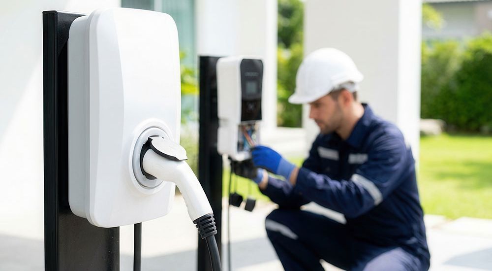 Electric vehicle charger installation with technician in safety gear outdoors.