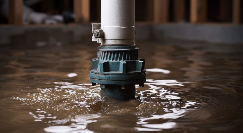 Submersible sump pump in action, efficiently removing basement water to prevent flooding and water damage.