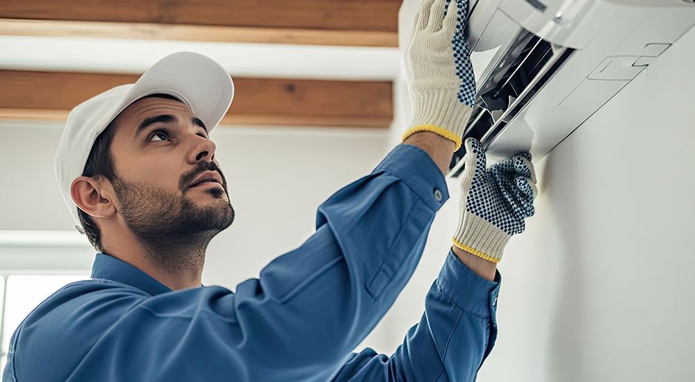 Technician in blue uniform and gloves repairing an air conditioning unit indoors.