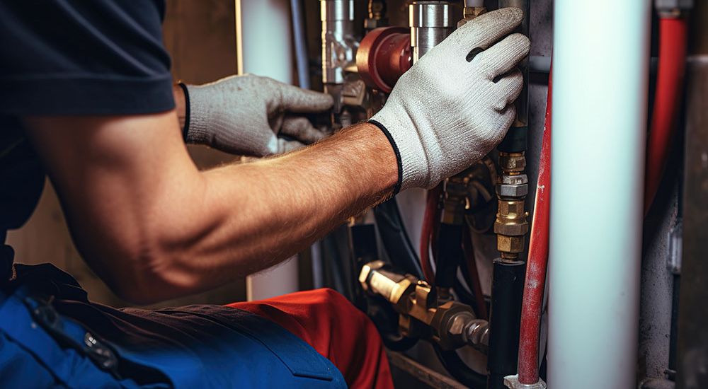 Plumber working with pipes and valves, wearing gloves, for maintenance or repair services in industrial setting.