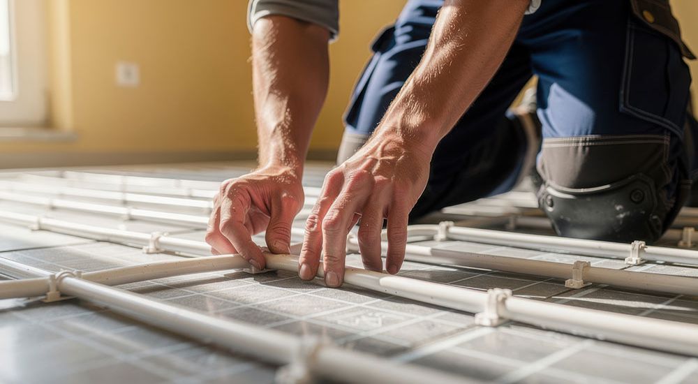 Worker installing underfloor heating system in a room, ensuring efficient heat distribution and comfort.