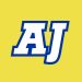 Bold AJ letters outlined in blue on a vibrant yellow background, representing initials or a logo design.