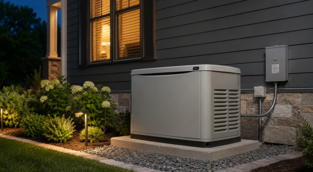 Home standby generator installed beside a house at dusk, surrounded by greenery and illuminated path lights.