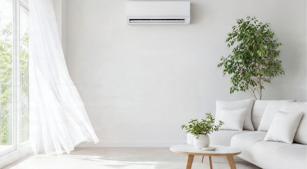Modern living room with air conditioner, white sofa, plants, and sunlight through window; minimalistic design.