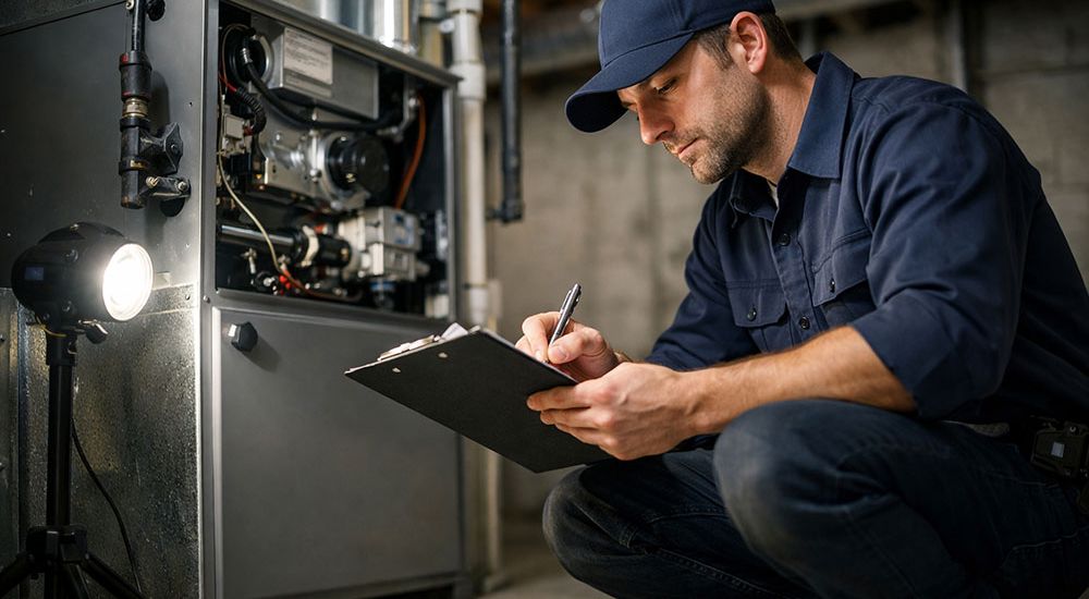 HVAC technician inspecting furnace in basement with clipboard, ensuring optimal performance and safety compliance.